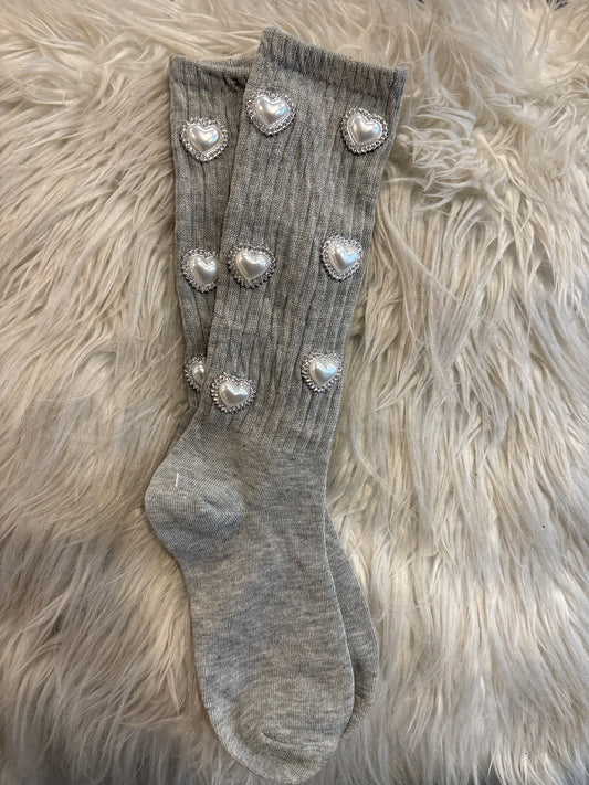 Gray Silver Heart Rhinestone Socks