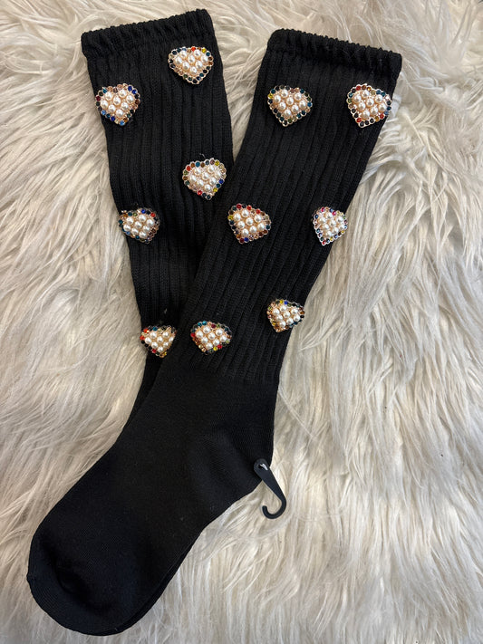 Black Colorful Heart Rhinestone Socks