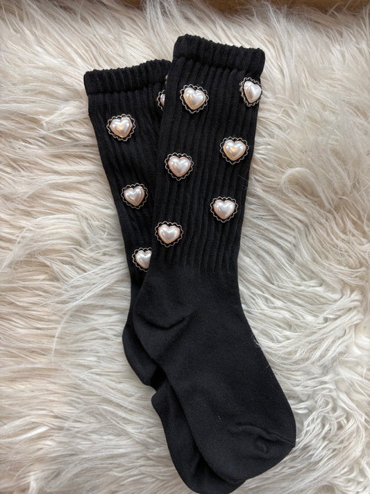 Black Heart Rhinestone Socks