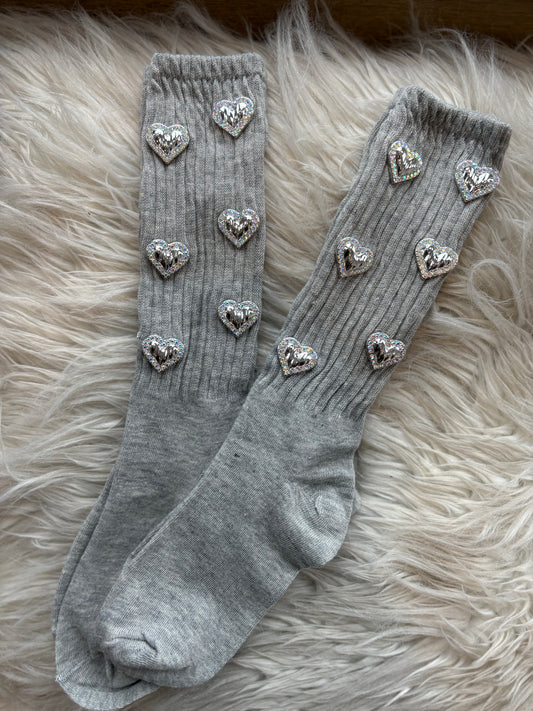 Gray Silver Heart Rhinestone Socks