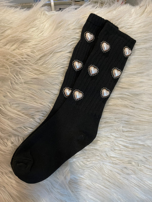 Black Heart Rhinestone Socks