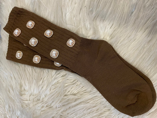 Brown Pearl Rhinestone Socks