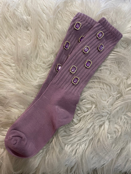 Light Purple Rhinestone Socks With Purple/Gold Stones